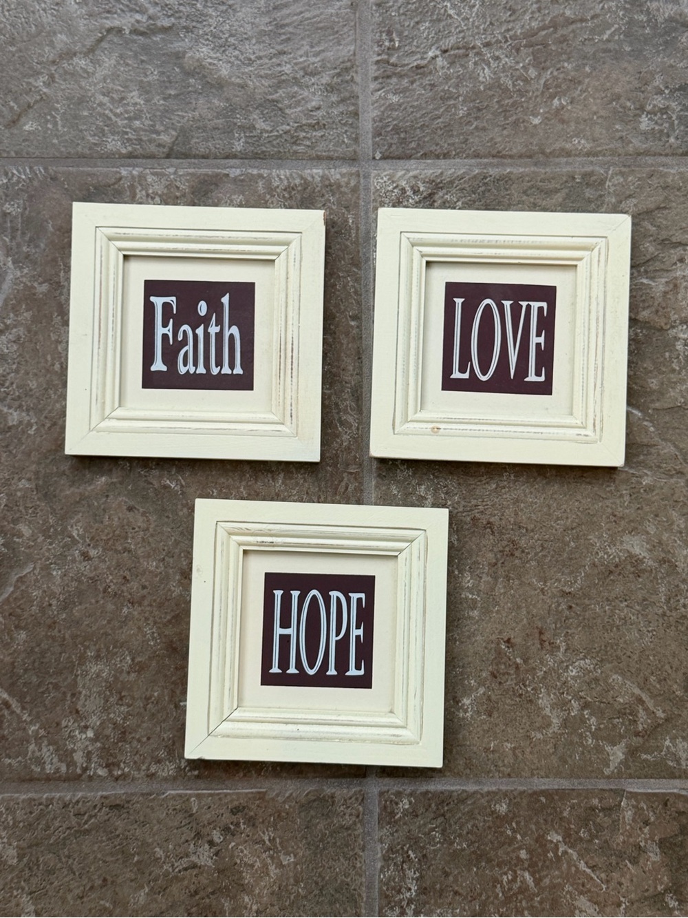 Set of 3 Vintage Inspirational Wall Art- Faith Love Hope - Cream Picture Frames